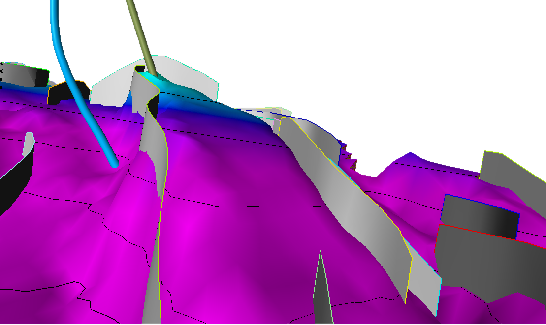 3D reservoir model with faults, depth-coloured horizon and wells